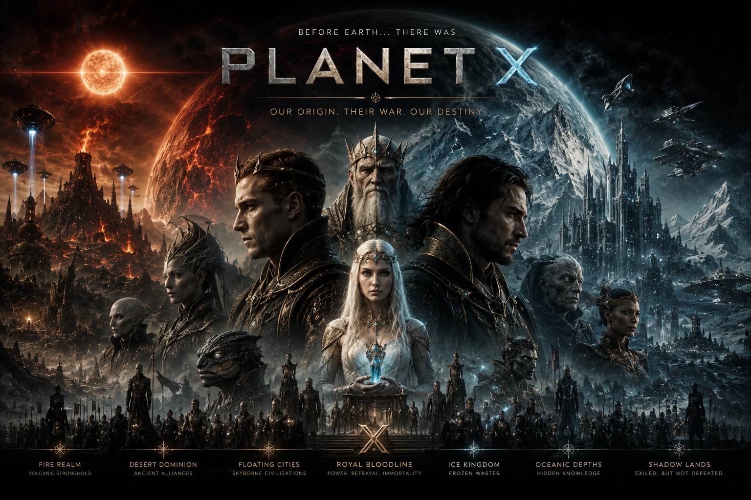 Planet X key art — the royal bloodline before the fire realm, ice kingdom and floating cities