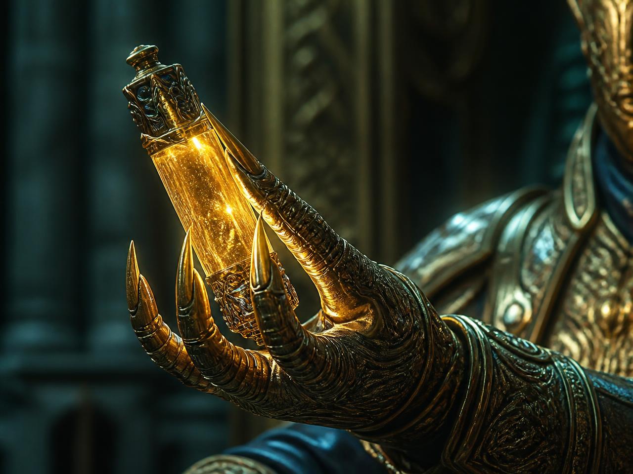 An armored royal hand holding a vial of glowing golden Elixir